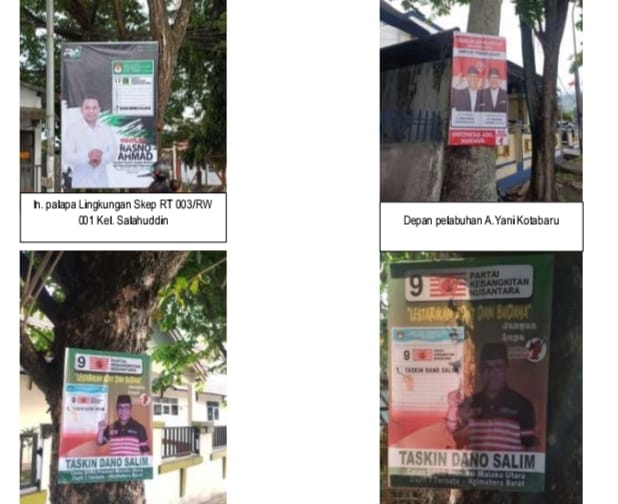 Sejumlah APK Capres maupun Caleg yang Dipaku di Pohon Kota Ternate. (Dok. Bawaslu/ Rakyatmu)
