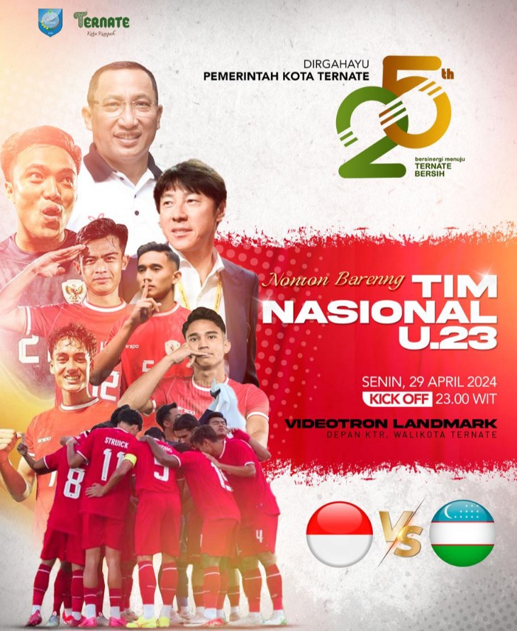 Nonton Bareng Laga Semifinal AFC U-23 Tahun 2024, Indonesia vs Uzbekistan yang Dipusatkan di Videotron depan kantor Wali Kota Ternate.