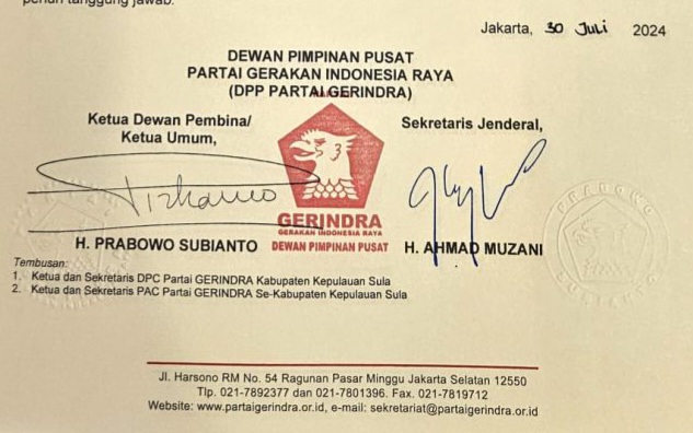 Rekomendasi Partai Gerindra kepada Pasangan Calon Bupati dan Wakil Bupati Kepulauan Sula Fifian Adeningsih Mus  dan M. Saleh Marasabessy. (Istimewa/Rakyatmu)