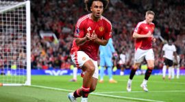Joshua Zirkzee usai mencetak gol untuk Manchester United saat melawan Fulham. (Michael Regan/Getty Images)