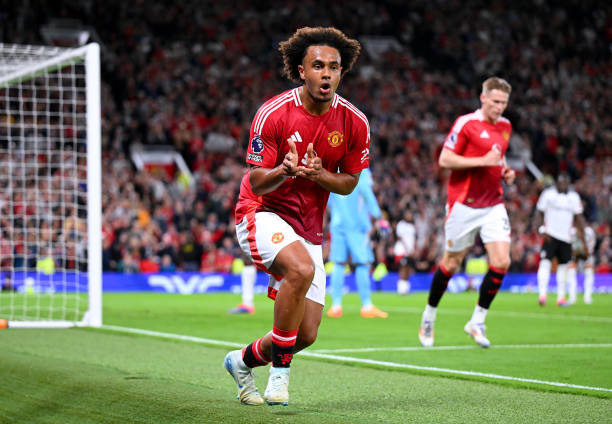 Joshua Zirkzee usai mencetak gol untuk Manchester United saat melawan Fulham. (Michael Regan/Getty Images)