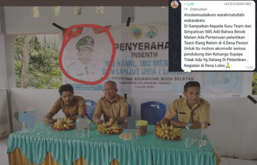 Spanduk Penyerahan Insentif Menggunakan Foto Calon Bupati Halmahera Tengah dan Pesan WhatsApp Imbauan Kepada Tim Pemenang IMS-Adil. (Istimewa/Rakyatmu)