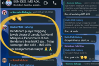 Percakapan Kepala Dinas PMD Halmahera Tengah dengan Bendahara Desa di Grup WhatsApp BEN DES. IMS-ADIL. (Istimewa/Rakyatmu)