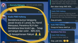 Percakapan Kepala Dinas PMD Halmahera Tengah dengan Bendahara Desa di Grup WhatsApp BEN DES. IMS-ADIL. (Istimewa/Rakyatmu)