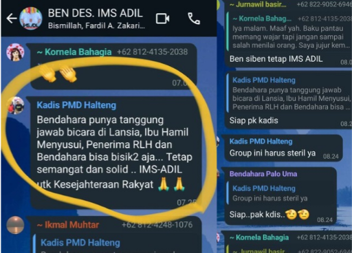 Percakapan Kepala Dinas PMD Halmahera Tengah dengan Bendahara Desa di Grup WhatsApp BEN DES. IMS-ADIL. (Istimewa/Rakyatmu)