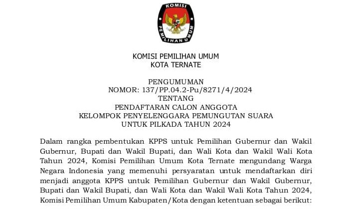 Pengumuman Pendaftaran Calon Anggota KPPS untuk Pilkada 2024. (Rakyatmu)