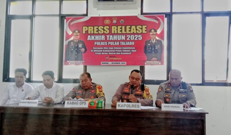 Kapolres Pulau Taliabu, AKBP Adnan Wahyu saat menyampaikan capaian kinerja tahun 2025. (Rakyatmu)