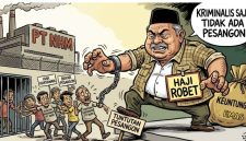 Karikatur Mantan Karyawan Menuntut Hak Pesangon ke PT NHM, Halmahera Utara. (Gemini/RakyatMu)