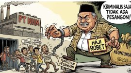 Karikatur Mantan Karyawan Menuntut Hak Pesangon ke PT NHM, Halmahera Utara. (Gemini/RakyatMu)